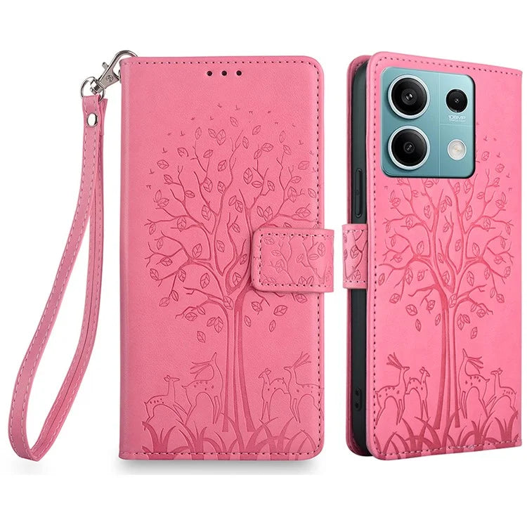 For Xiaomi Redmi Note 13 4G Magnetic Case Deer Tree Pattern PU Leather Phone Cover