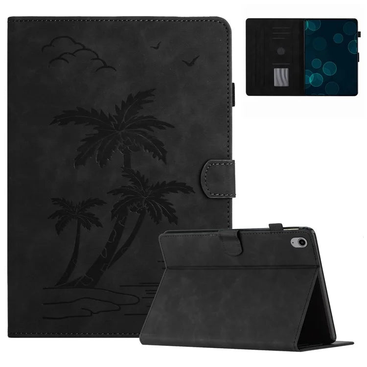 For iPad 10.9 (2022) Stand Case Card Holder Coconut Tree Imprinted Leather Tablet Cover