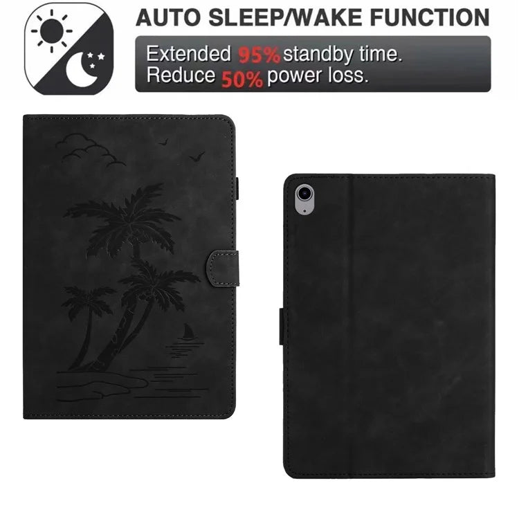 For iPad 10.9 (2022) Stand Case Card Holder Coconut Tree Imprinted Leather Tablet Cover