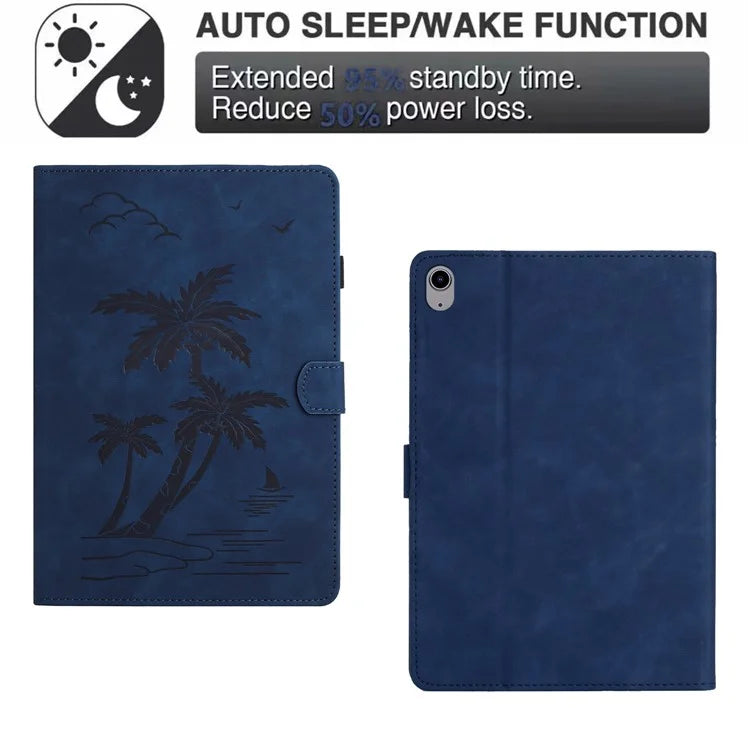 For iPad 10.9 (2022) Stand Case Card Holder Coconut Tree Imprinted Leather Tablet Cover