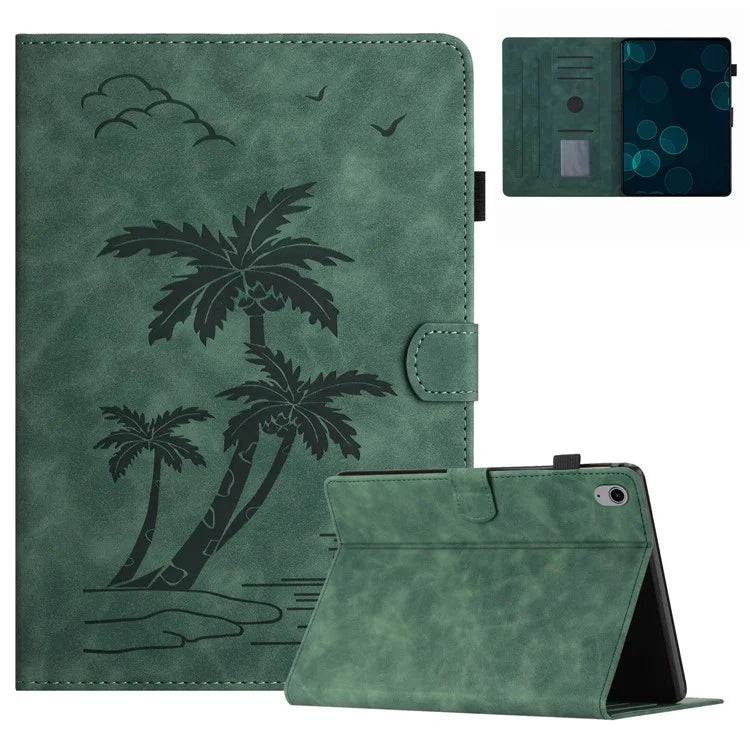 For iPad 10.9 (2022) Stand Case Card Holder Coconut Tree Imprinted Leather Tablet Cover