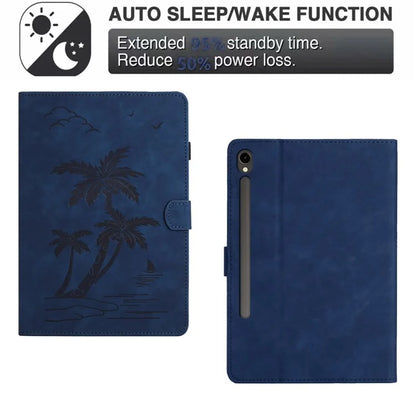 For Samsung Galaxy Tab S9 (X710 X716B X718U) / S9 FE (X510 / X516B) Card Holder Case Coconut Tree Imprinted Leather Tablet Cover