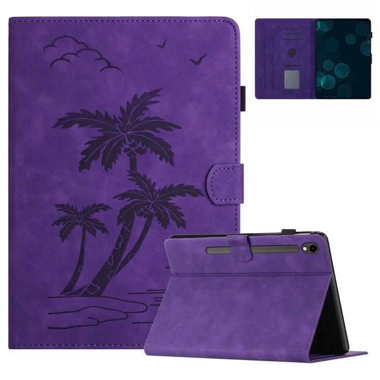 For Samsung Galaxy Tab S9 (X710 X716B X718U) / S9 FE (X510 / X516B) Card Holder Case Coconut Tree Imprinted Leather Tablet Cover