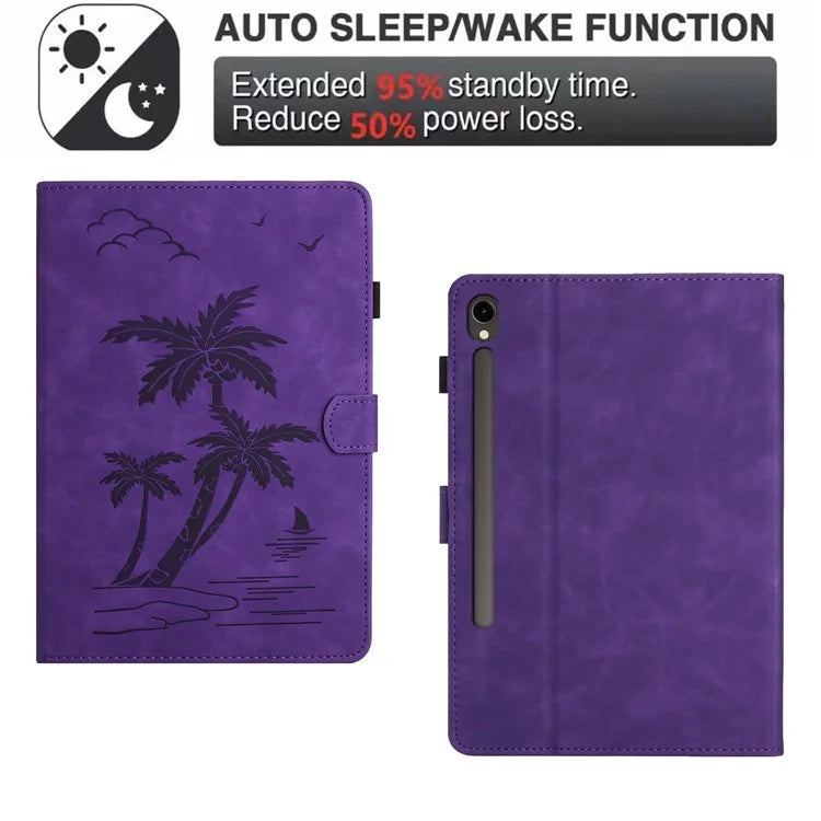 For Samsung Galaxy Tab S9 (X710 X716B X718U) / S9 FE (X510 / X516B) Card Holder Case Coconut Tree Imprinted Leather Tablet Cover