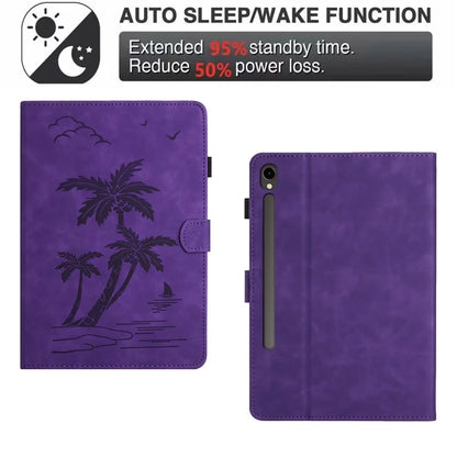 For Samsung Galaxy Tab S9 (X710 X716B X718U) / S9 FE (X510 / X516B) Card Holder Case Coconut Tree Imprinted Leather Tablet Cover