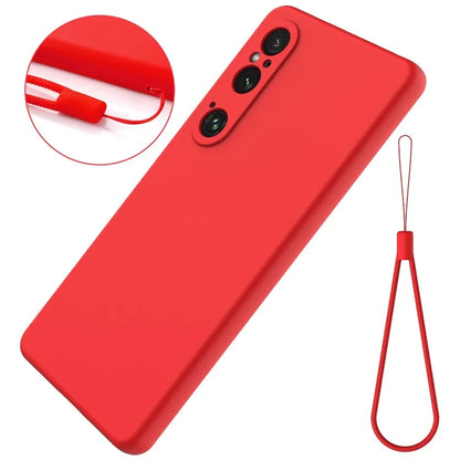 For Sony Xperia 1 VI Case Liquid Silicone Lining Cushion Drop Protection Phone Cover with Strap