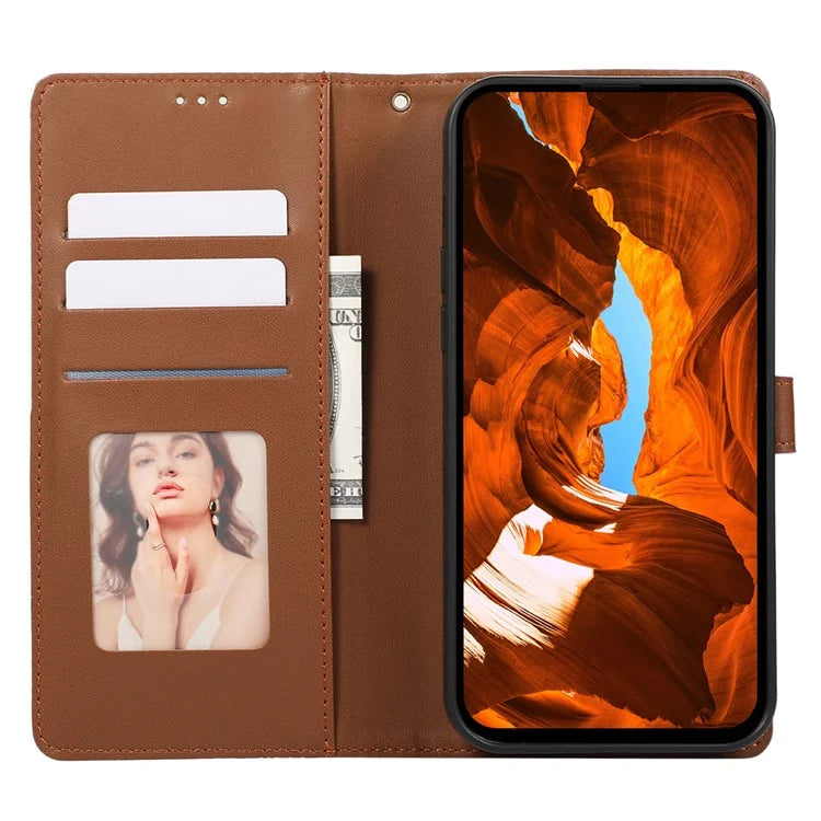 R20 for iPhone 15 Case Splicing Imprinted Rhombus Anti-Scratch Leather Phone Cover