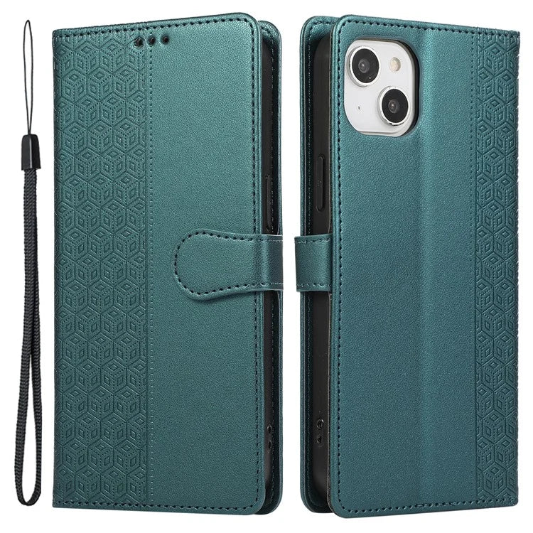 R20 for iPhone 15 Case Splicing Imprinted Rhombus Anti-Scratch Leather Phone Cover