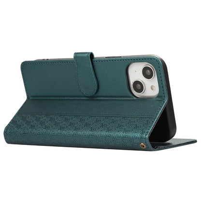 R20 for iPhone 15 Case Splicing Imprinted Rhombus Anti-Scratch Leather Phone Cover