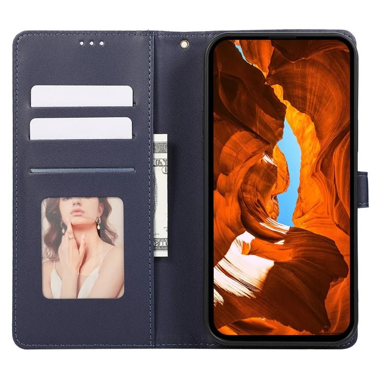 R20 for iPhone 15 Case Splicing Imprinted Rhombus Anti-Scratch Leather Phone Cover
