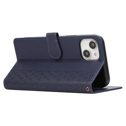 R20 for iPhone 15 Case Splicing Imprinted Rhombus Anti-Scratch Leather Phone Cover