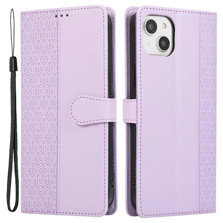 R20 for iPhone 13 6.1 inch Case PU Leather Splicing Rhombus Phone Cover with Wrist Strap