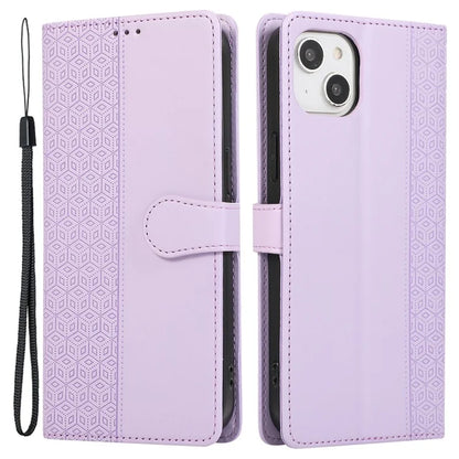 R20 for iPhone 13 6.1 inch Case PU Leather Splicing Rhombus Phone Cover with Wrist Strap