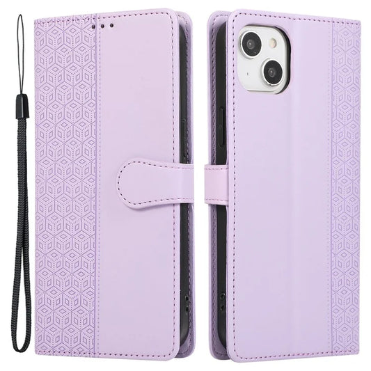 R20 for iPhone 13 6.1 inch Case PU Leather Splicing Rhombus Phone Cover with Wrist Strap