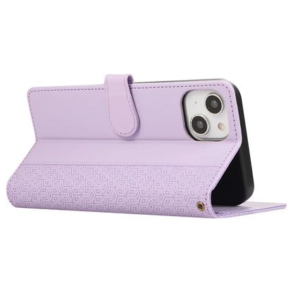 R20 for iPhone 13 6.1 inch Case PU Leather Splicing Rhombus Phone Cover with Wrist Strap