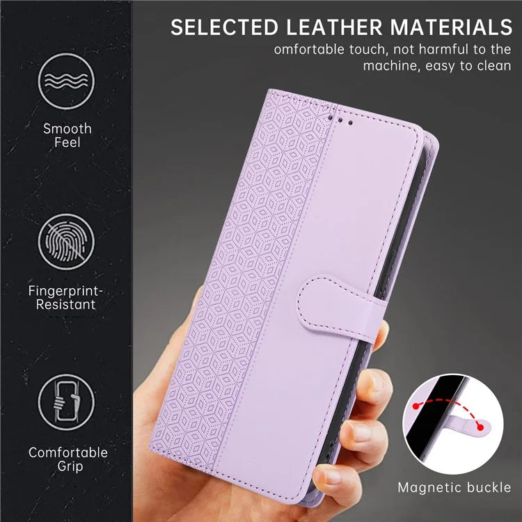 R20 for iPhone 13 6.1 inch Case PU Leather Splicing Rhombus Phone Cover with Wrist Strap