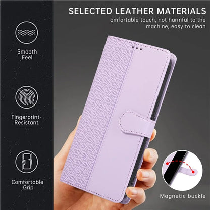R20 for iPhone 13 6.1 inch Case PU Leather Splicing Rhombus Phone Cover with Wrist Strap