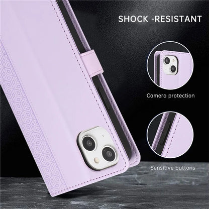 R20 for iPhone 13 6.1 inch Case PU Leather Splicing Rhombus Phone Cover with Wrist Strap