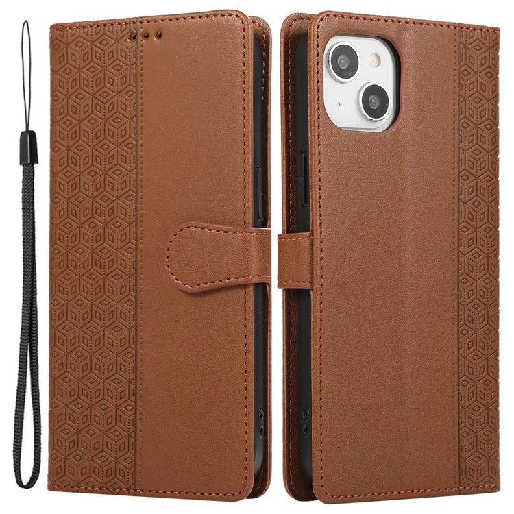 R20 for iPhone 13 6.1 inch Case PU Leather Splicing Rhombus Phone Cover with Wrist Strap