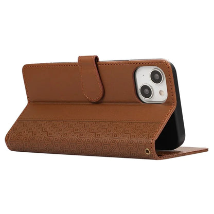R20 for iPhone 13 6.1 inch Case PU Leather Splicing Rhombus Phone Cover with Wrist Strap