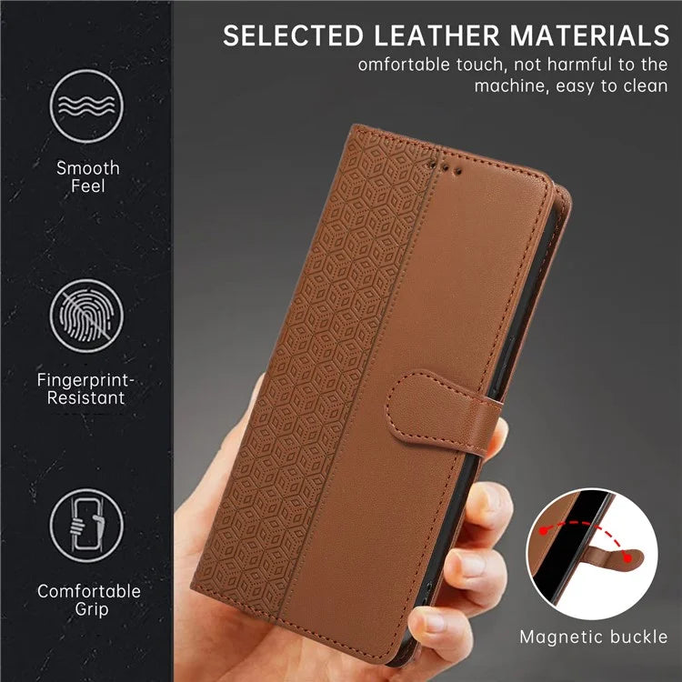 R20 for iPhone 13 6.1 inch Case PU Leather Splicing Rhombus Phone Cover with Wrist Strap