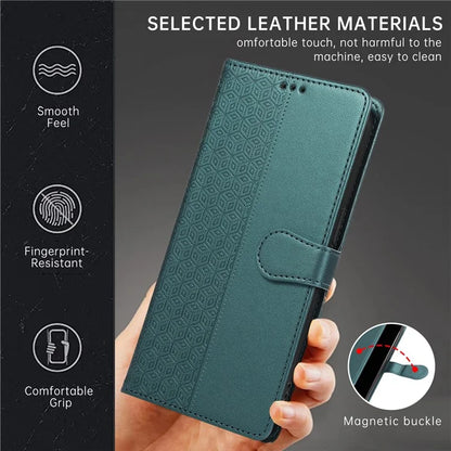 R20 for iPhone 13 6.1 inch Case PU Leather Splicing Rhombus Phone Cover with Wrist Strap