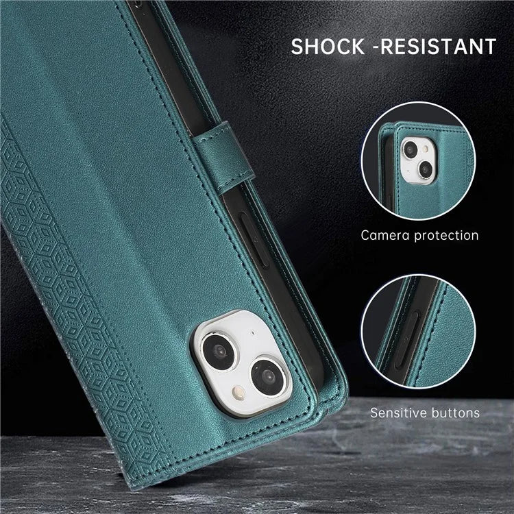 R20 for iPhone 13 6.1 inch Case PU Leather Splicing Rhombus Phone Cover with Wrist Strap