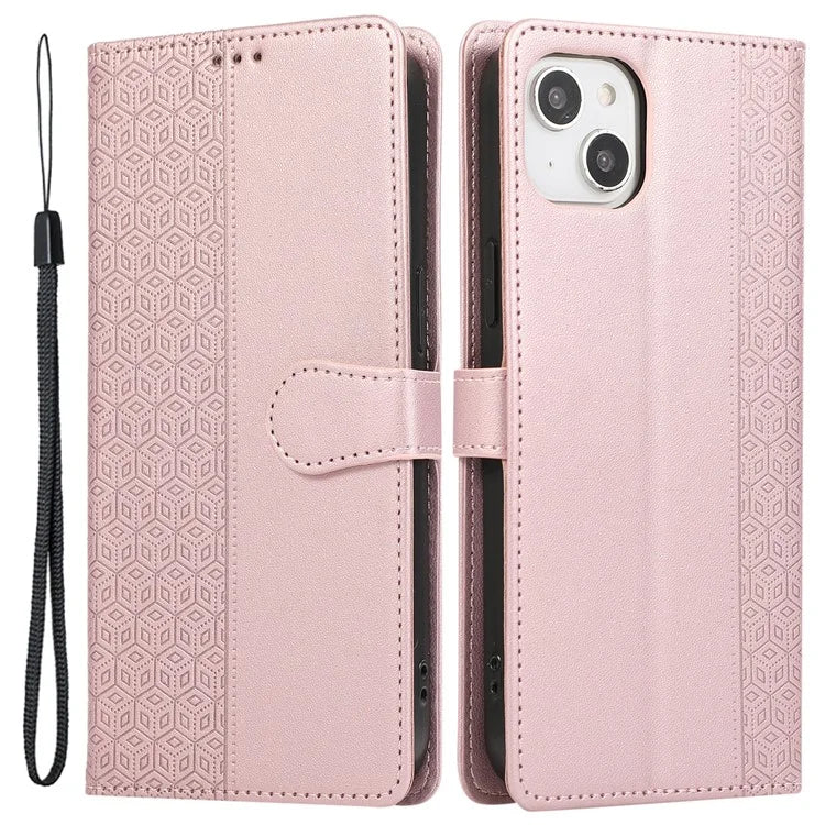 R20 for iPhone 13 6.1 inch Case PU Leather Splicing Rhombus Phone Cover with Wrist Strap