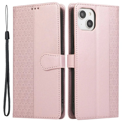 R20 for iPhone 13 6.1 inch Case PU Leather Splicing Rhombus Phone Cover with Wrist Strap