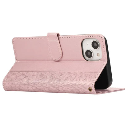 R20 for iPhone 13 6.1 inch Case PU Leather Splicing Rhombus Phone Cover with Wrist Strap