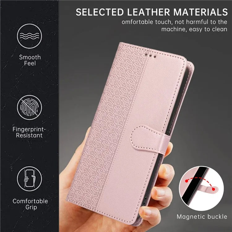 R20 for iPhone 13 6.1 inch Case PU Leather Splicing Rhombus Phone Cover with Wrist Strap