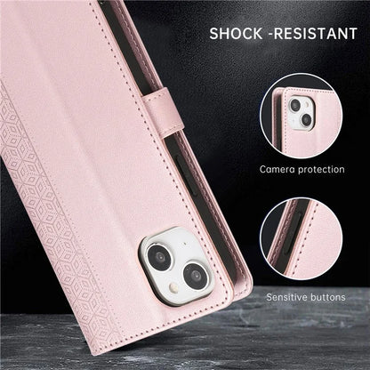 R20 for iPhone 13 6.1 inch Case PU Leather Splicing Rhombus Phone Cover with Wrist Strap