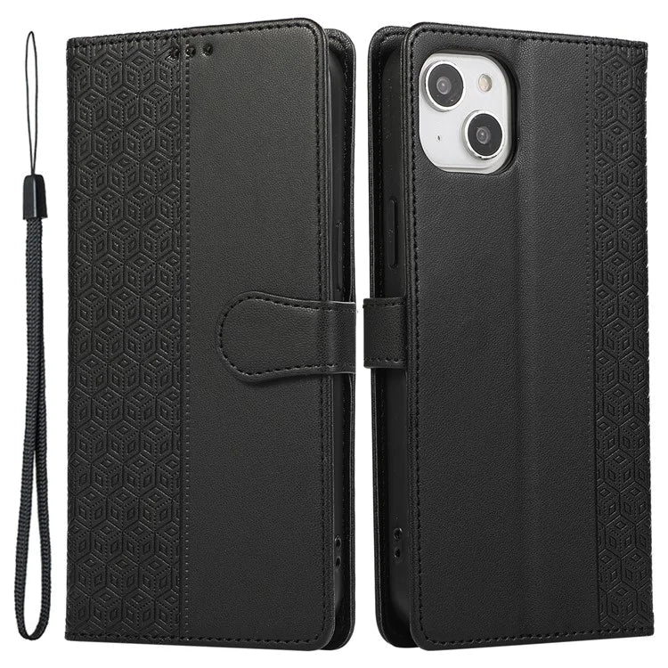 R20 for iPhone 13 6.1 inch Case PU Leather Splicing Rhombus Phone Cover with Wrist Strap
