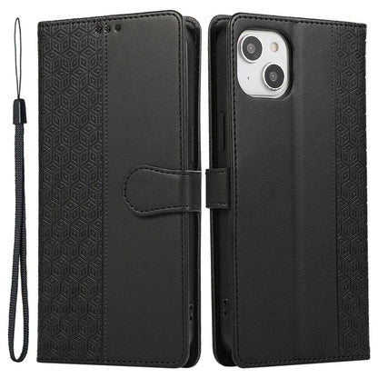 R20 for iPhone 13 6.1 inch Case PU Leather Splicing Rhombus Phone Cover with Wrist Strap
