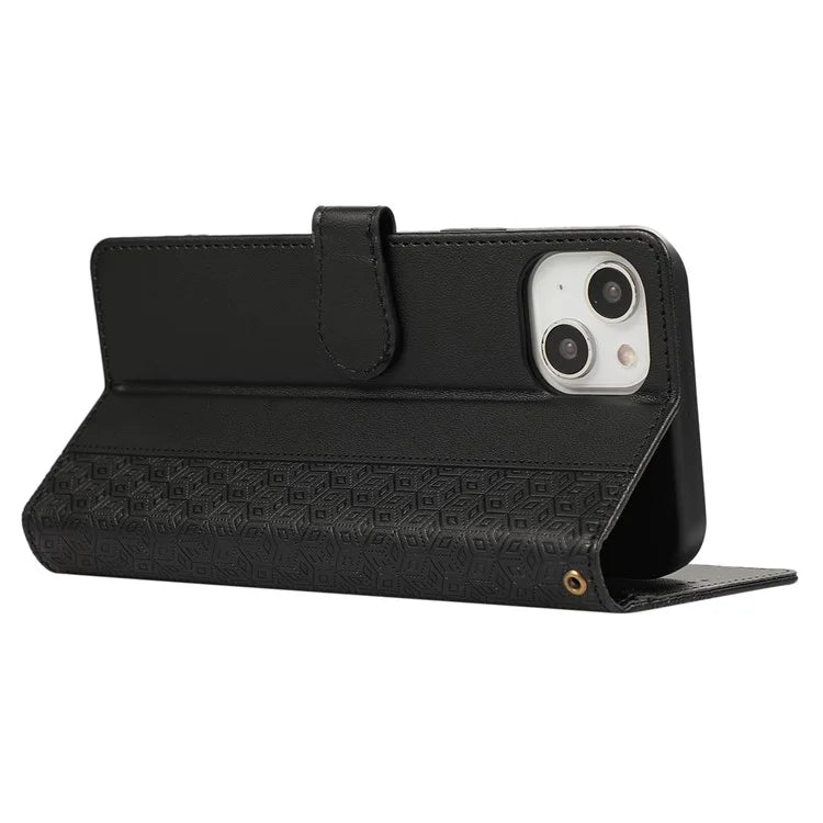 R20 for iPhone 13 6.1 inch Case PU Leather Splicing Rhombus Phone Cover with Wrist Strap