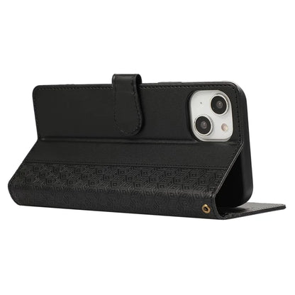 R20 for iPhone 13 6.1 inch Case PU Leather Splicing Rhombus Phone Cover with Wrist Strap