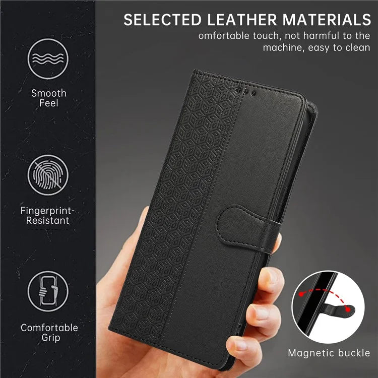 R20 for iPhone 13 6.1 inch Case PU Leather Splicing Rhombus Phone Cover with Wrist Strap