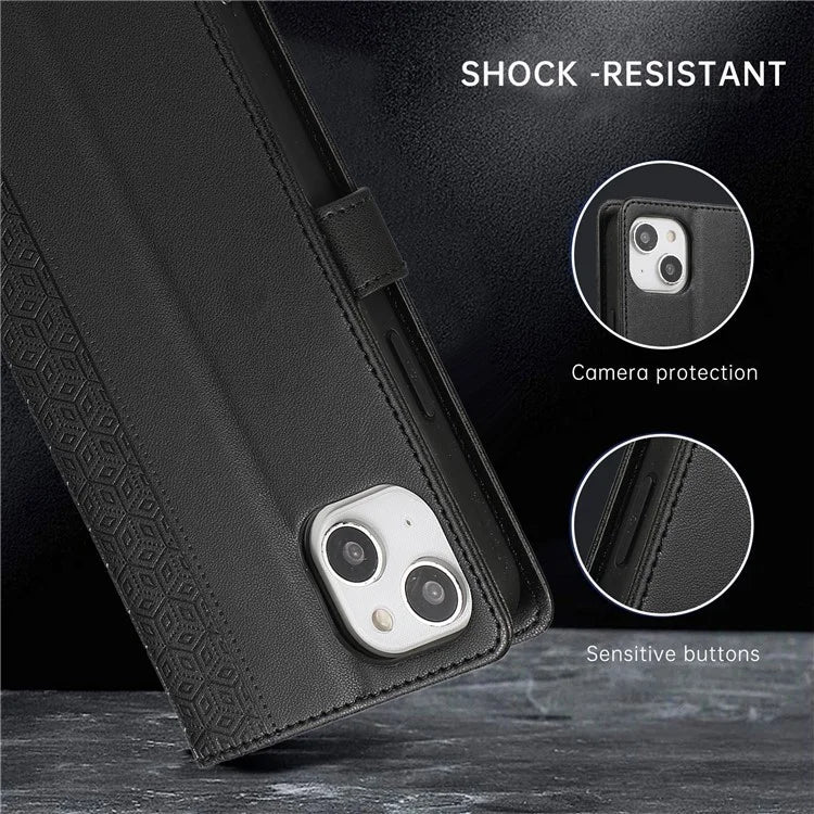 R20 for iPhone 13 6.1 inch Case PU Leather Splicing Rhombus Phone Cover with Wrist Strap