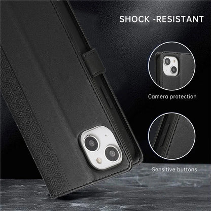 R20 for iPhone 13 6.1 inch Case PU Leather Splicing Rhombus Phone Cover with Wrist Strap