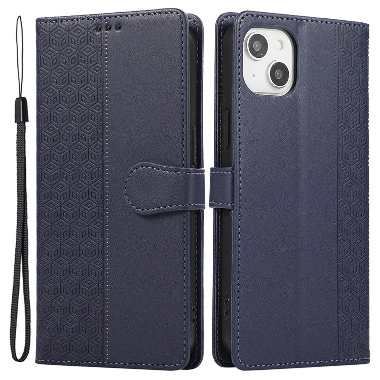 R20 for iPhone 13 6.1 inch Case PU Leather Splicing Rhombus Phone Cover with Wrist Strap