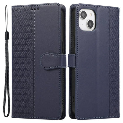 R20 for iPhone 13 6.1 inch Case PU Leather Splicing Rhombus Phone Cover with Wrist Strap