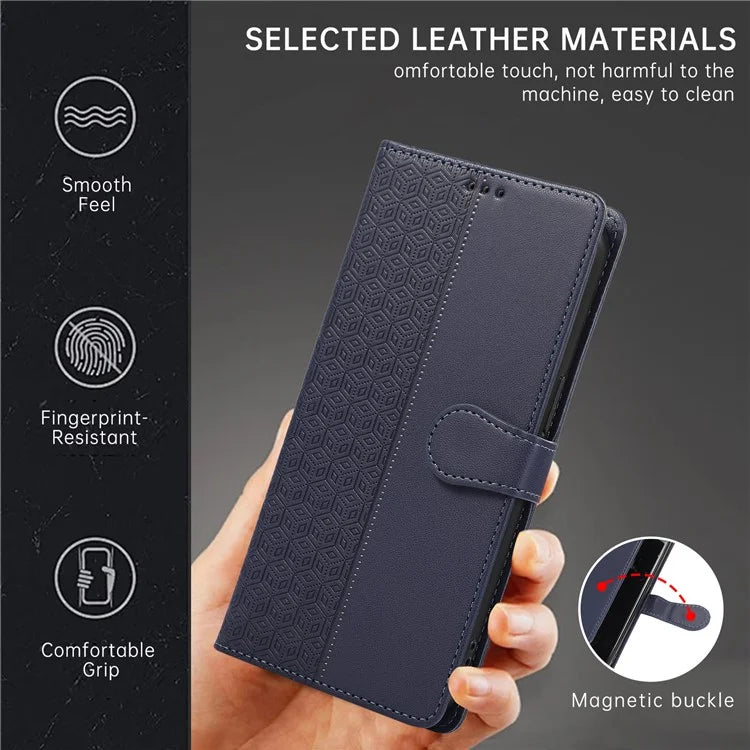 R20 for iPhone 13 6.1 inch Case PU Leather Splicing Rhombus Phone Cover with Wrist Strap