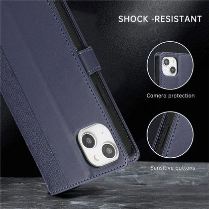 R20 for iPhone 13 6.1 inch Case PU Leather Splicing Rhombus Phone Cover with Wrist Strap
