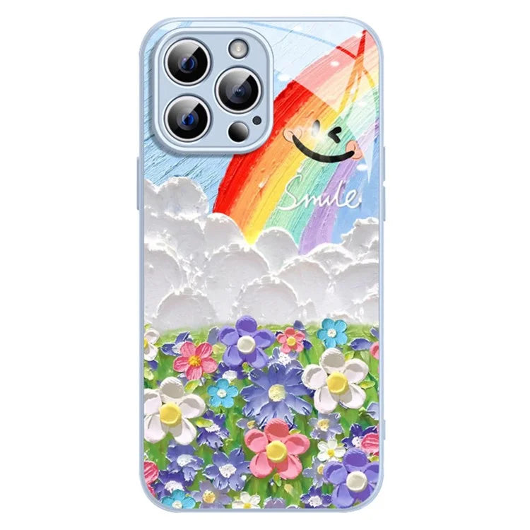 For iPhone 12 Pro Max Tempered Glass Case TPU Edge Phone Cover Smile Rainbow Flower Pattern