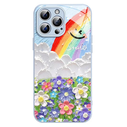 For iPhone 12 Pro Max Tempered Glass Case TPU Edge Phone Cover Smile Rainbow Flower Pattern