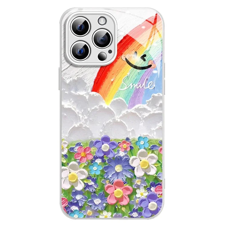 For iPhone 15 Pro Case Smile Rainbow Pattern Shockproof TPU+Tempered Glass Back Cover