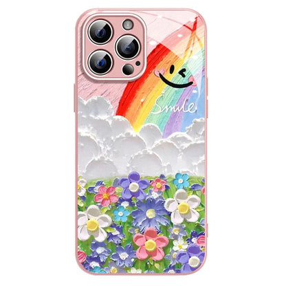 For iPhone 15 Pro Case Smile Rainbow Pattern Shockproof TPU+Tempered Glass Back Cover