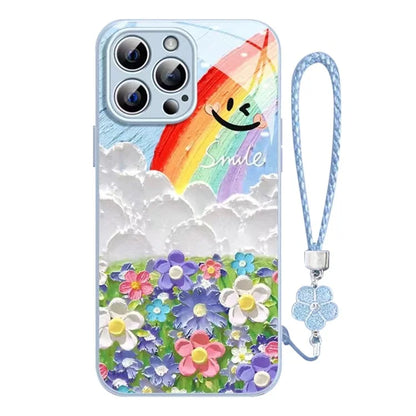 For iPhone 12 Pro 6.1 inch Cell Phone Case Smile Rainbow Pattern TPU+Tempered Glass Back Shell
