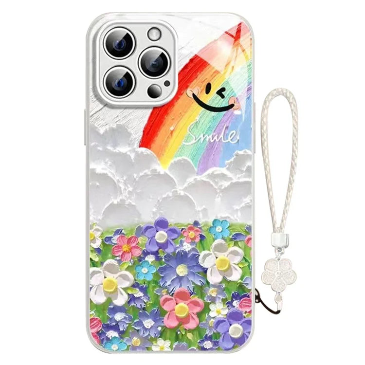 For iPhone 14 Pro Case with Hand Strap Smile Rainbow Pattern TPU+Tempered Glass Protective Cover