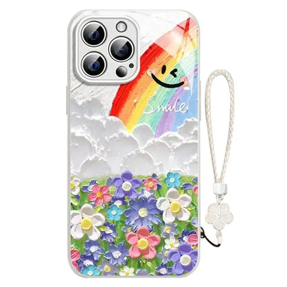 For iPhone 15 Pro Max Shockproof Case Smile Rainbow Pattern Phone Cover with Wrist Strap